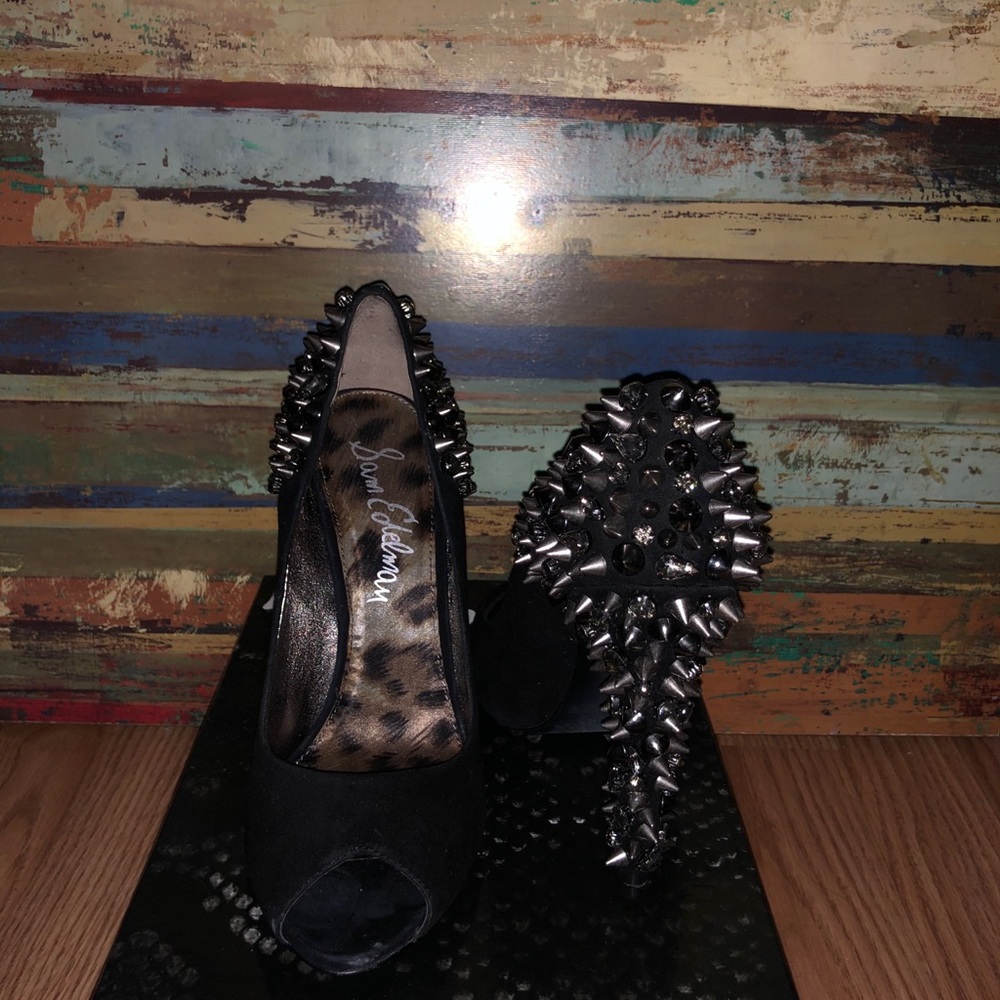 Black suede studded heels.